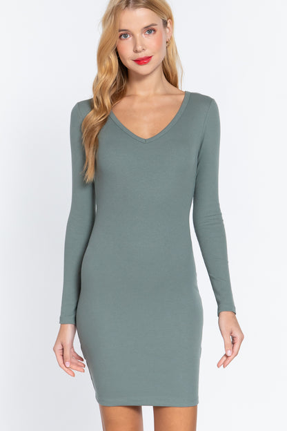 Long Slv V-neck Mini Rib Dress