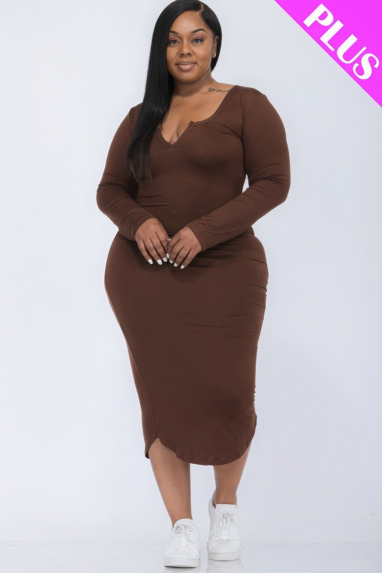 Plus Size Split Neck Long Sleeve Midi Dress