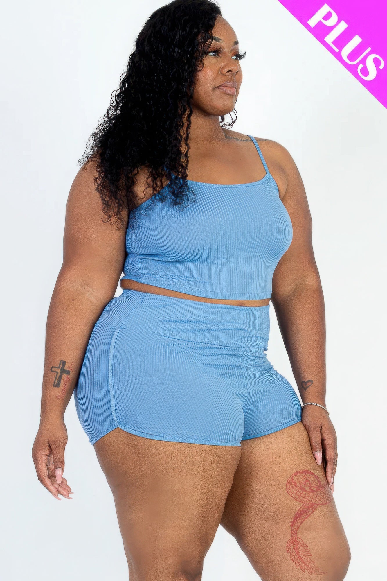 Plus Size Ribbed Cami Crop Top & Ruched Shorts Set